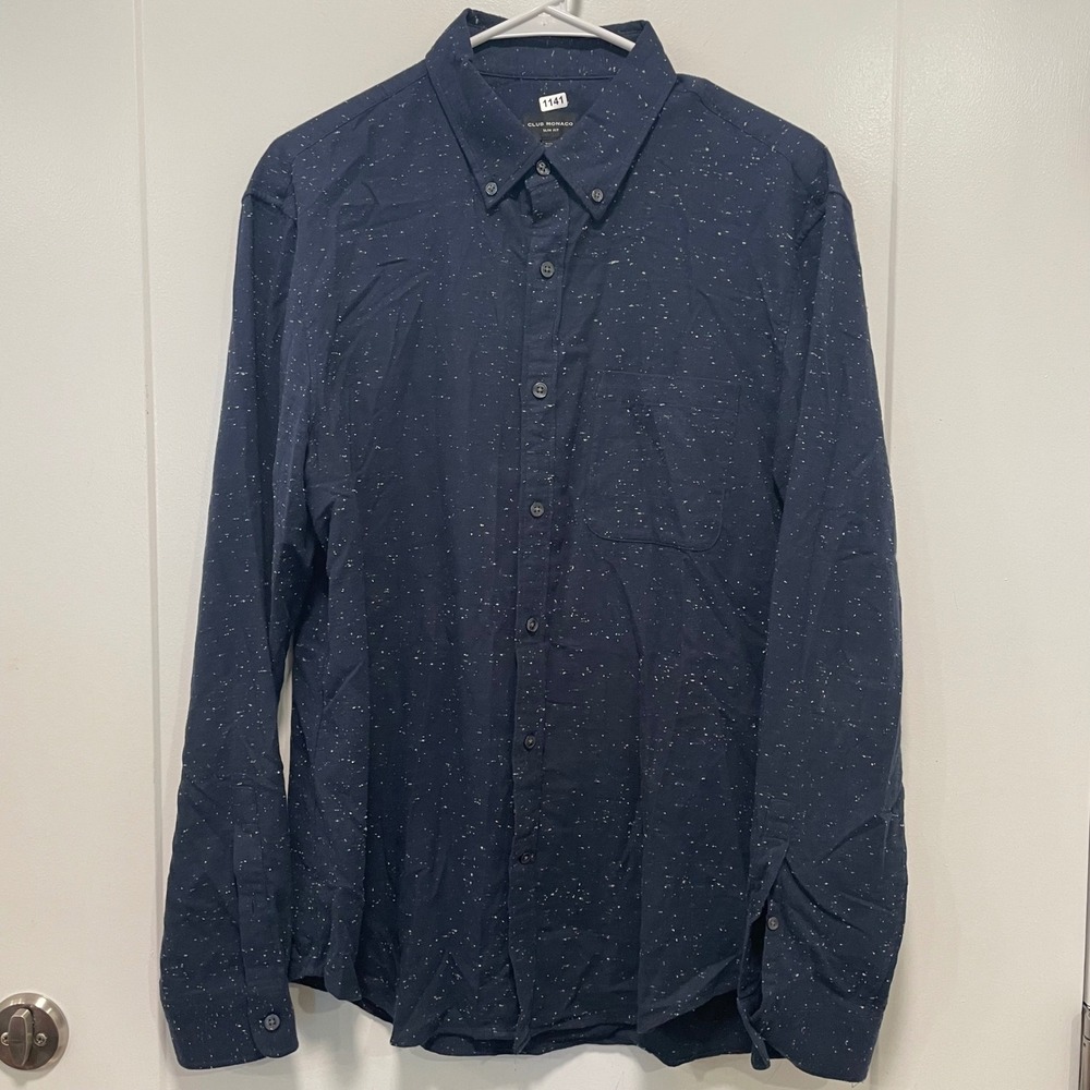 Club Monaco Mens Slim Fit Button Down Shirt Navy Blue Speckled Flecked Medium